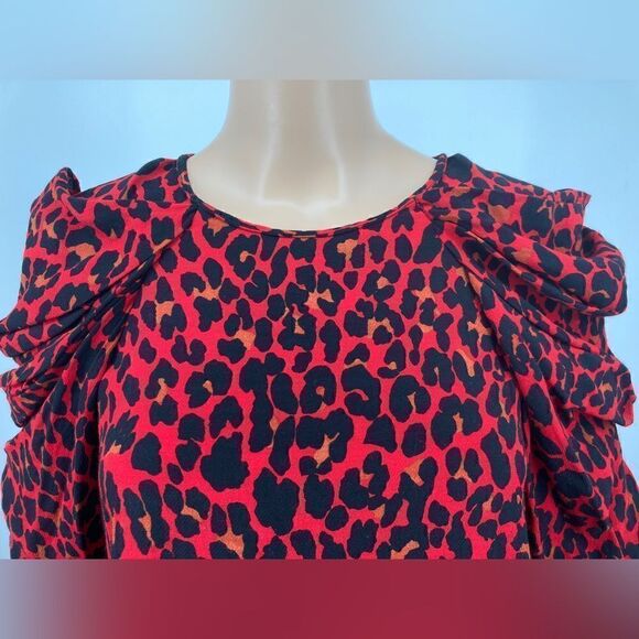 Zara Puff Sleeve Red/Black Animal Print Top Size S - Picture 2 of 11